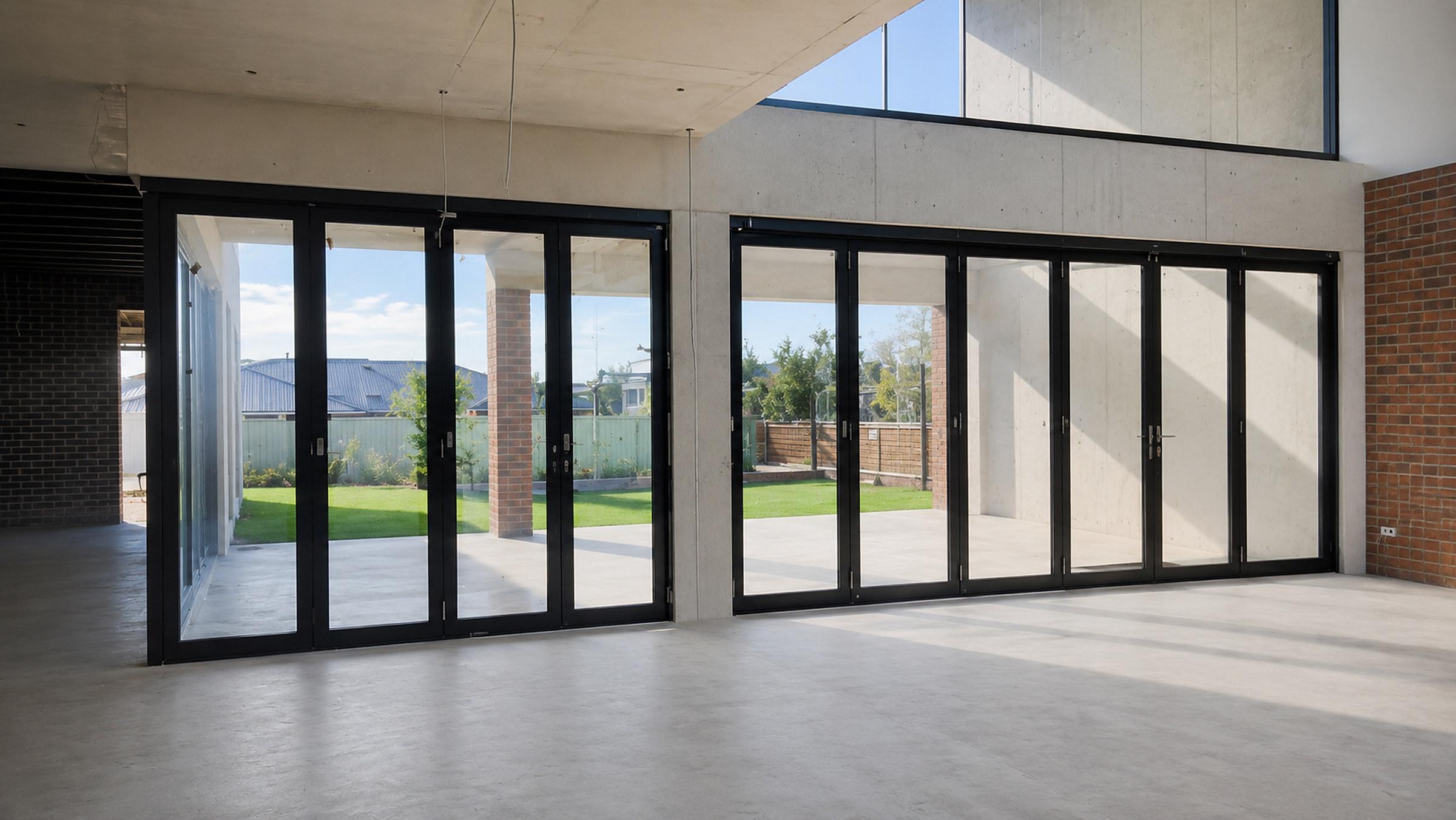 Interior during fit-out showing a long run of sliding and bi-fold glazing