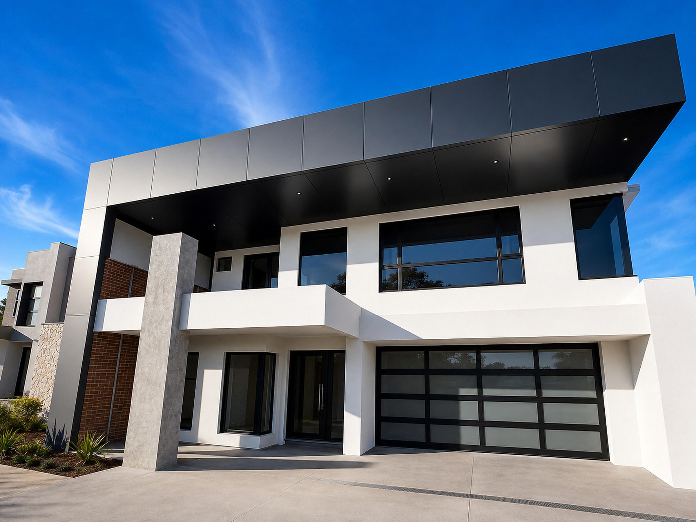 Contemporary two-storey home with a glazed entry under a deep soffit